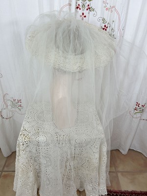 Vtg 50s Ecru Lace Wedding Platter Hat Wide Brim Open Crown w 