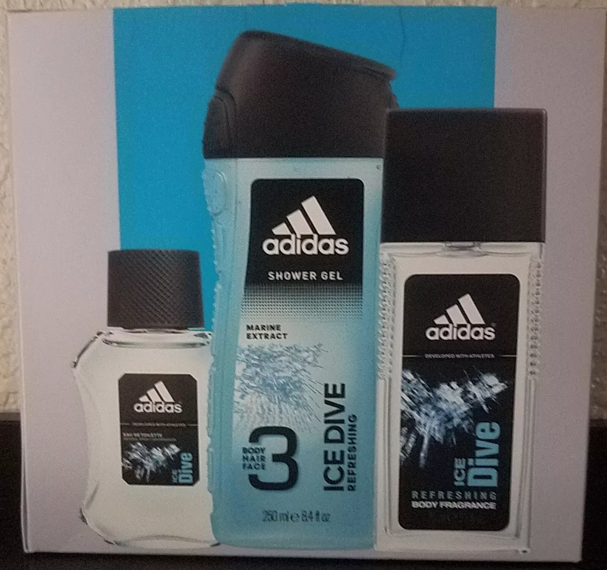 Viva Gebeurt ongerustheid Adidas Ice Dive 3 Piece Gift Set - Eau De Toilette, Shower Gel, Body  Fragrance | eBay