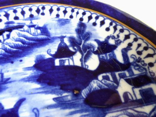 English Staffordshire Porcelain Blue Transfer Saucer Chinese 19th Century - Picture 4 of 5