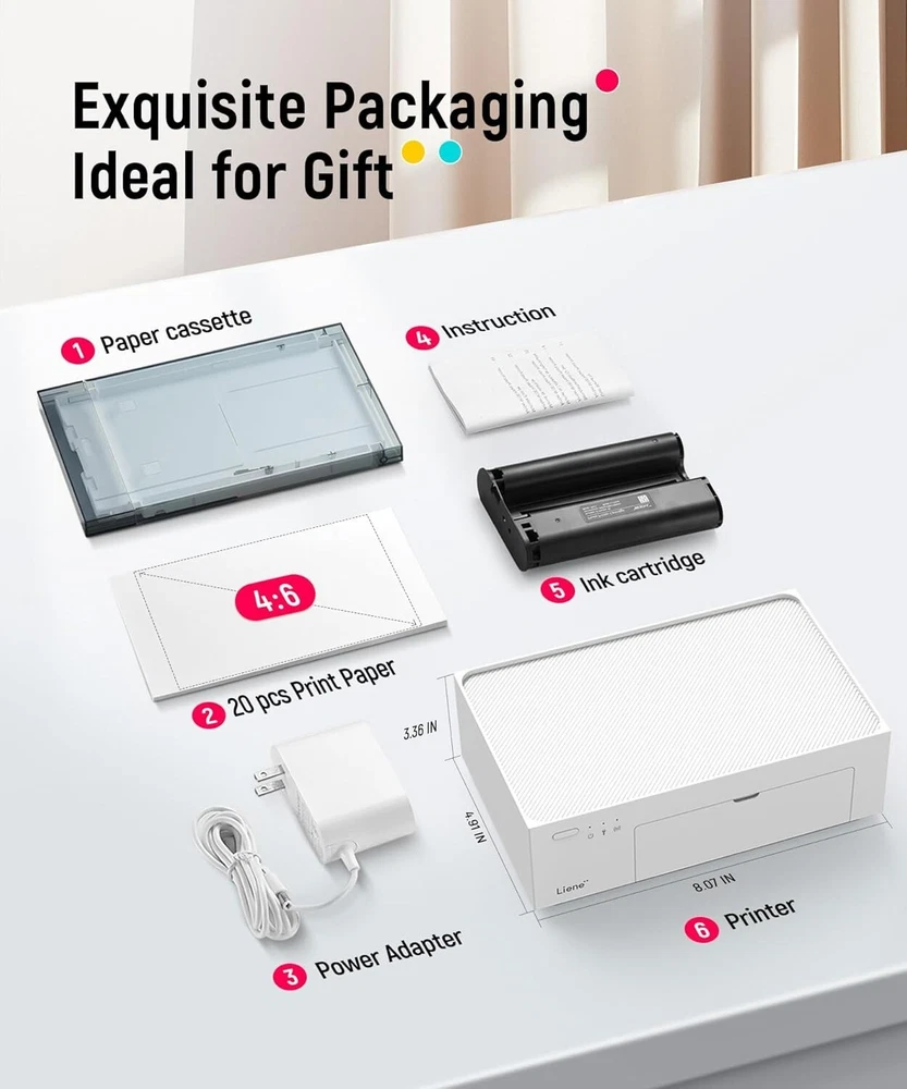 Liene 4x6 Wi-Fi Photo Printer with 20 Full-Color Instant Print Sheets