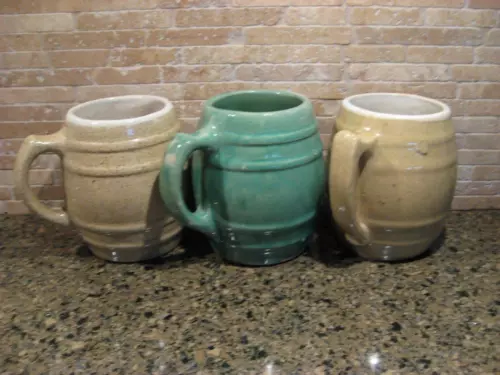 VINTAGE UHL POTTERY CO. HUNTINGBURG, IND. #16 STONEWARE BARREL MUGS - THREE