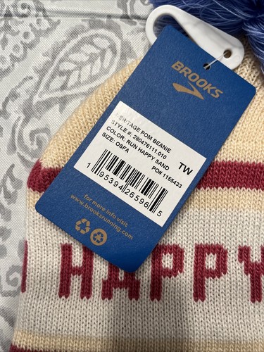 NWT Brooks Run Happy Heritage Pom Beanie Sand Blue Unisex Running Winter Hat - Picture 3 of 3