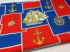 Nautical Sewing fabric vintage Ship Anchor Red Blue gold 45"x2 yards A10