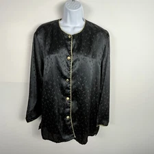 Erica Taylor Womens Pajama Top sz M Black Gold Button Front Crew Neck VINTAGE