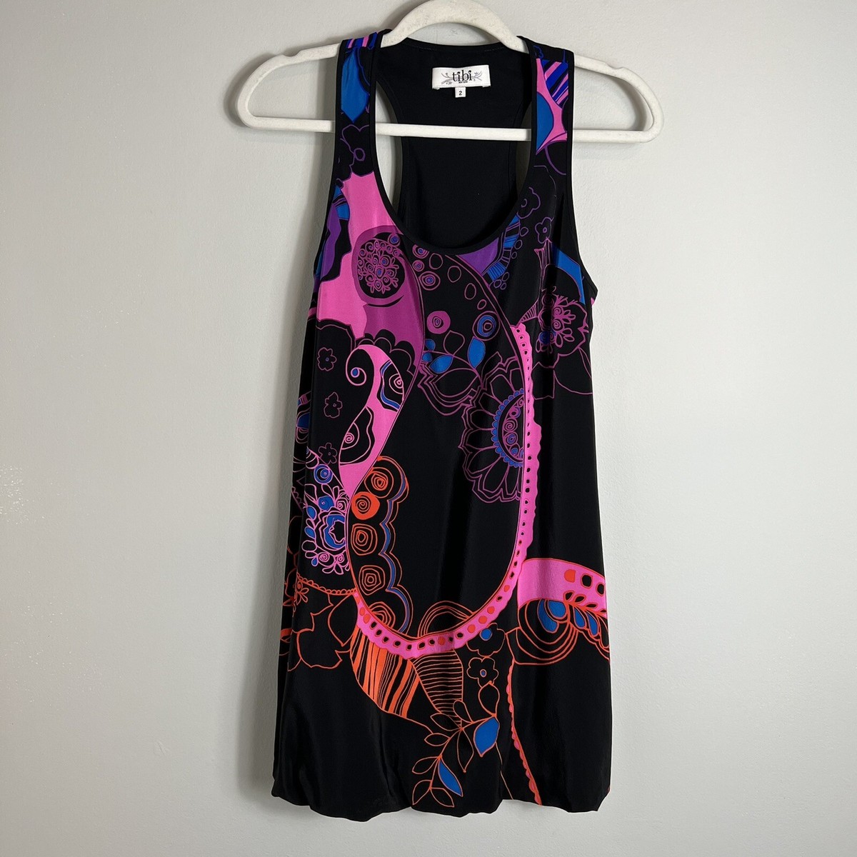 Tibi Silk Halter Sleeveless Dress-Bubble Hem-Black Pink-Size 2