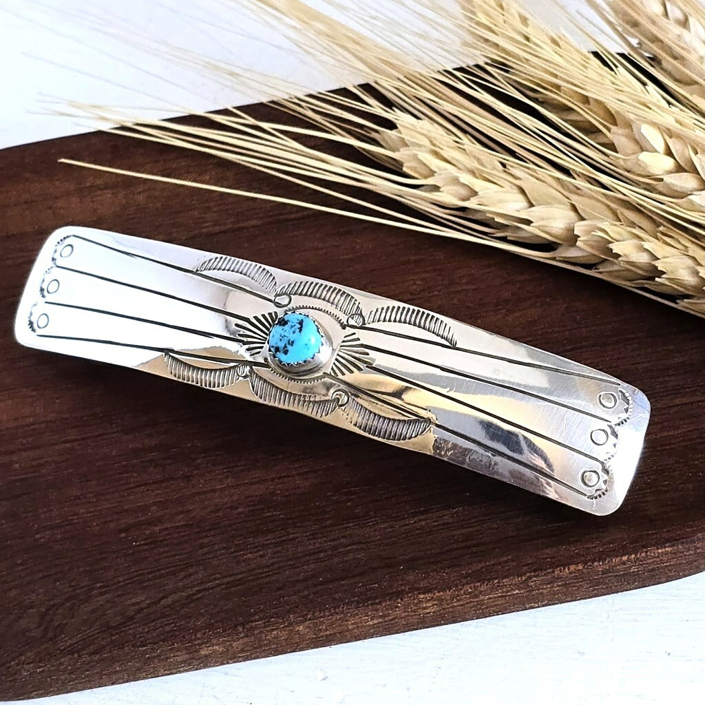 Vintage NATIVE AMERICAN NAVAJO STERLING SILVER Barette Turquoise Sparkle Vintage Navajo Stamped Sterling Silver Turquoise Barrette  main image 2