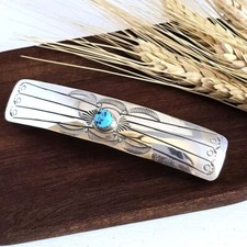 Navajo Handmade Stamped Shiny Sterling Silver Turquoise Stone Hair Clip Barrette