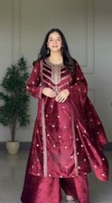 Indian Style Viscose Velvet Maroon Palazzo Suit With Dupatta For Function Wear