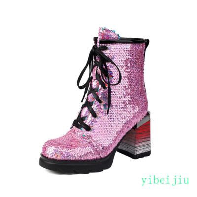 Women's High Block Heel Glitter Sequins Ankle Boots Lace Up Shoes Platform New