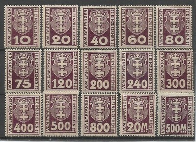 Danzig 1921-1923 Postage Due Near-Complete mint set of 15 MNH/MHR/VG