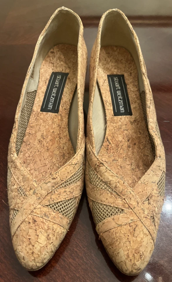 Stuart Weitzman 女式鞋 8 码 AAAA 软木网眼高跟鞋镂空鞋跟罕见 — 第 2/4 张图片