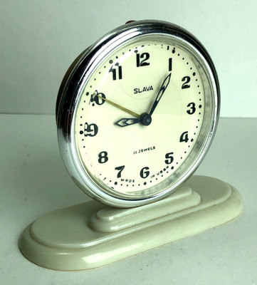 Vtg 1950s SLAVA Alarm Clock 11 Jewels NOS Serviced Mid-Century Soviet USSR Space