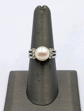 Vtg Sterling Silver Pearl  CZ Twisted 3 Split Shank Cocktail 925 Ring - Sz 6.75
