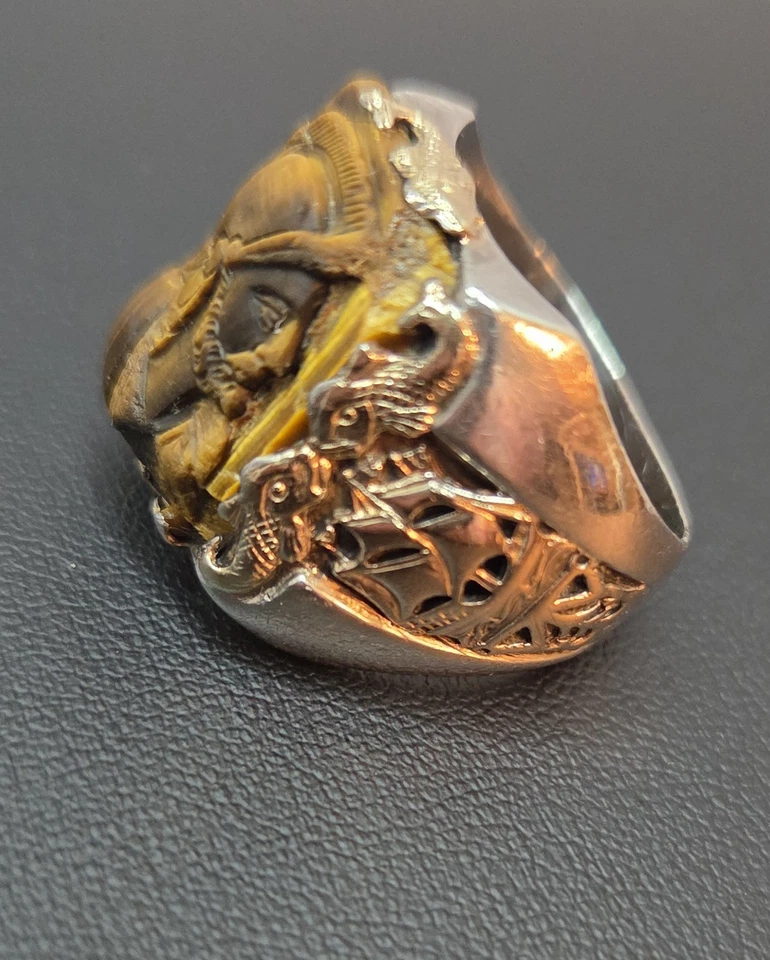 Винтажный уникальный тигровый глаз Intaglio кольцо 10K золото 925 пробы 20g размер 10 - Изображение 3 из 4