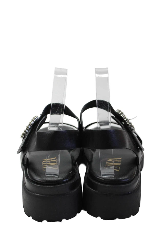 Sandalias Zara para mujer de tacón alto con hebilla de cristal con correa al tobillo de cuero negro talla 36 Foto 3 de 4