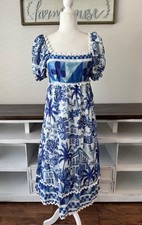 Farm Rio Sweet Rio Midi Dress Blue White Tropical Print 100% Cotton Size S