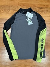 Boys Grey Lime Under Armour Coldgear Mock Long Sleeve Shirt Youth Large NWT