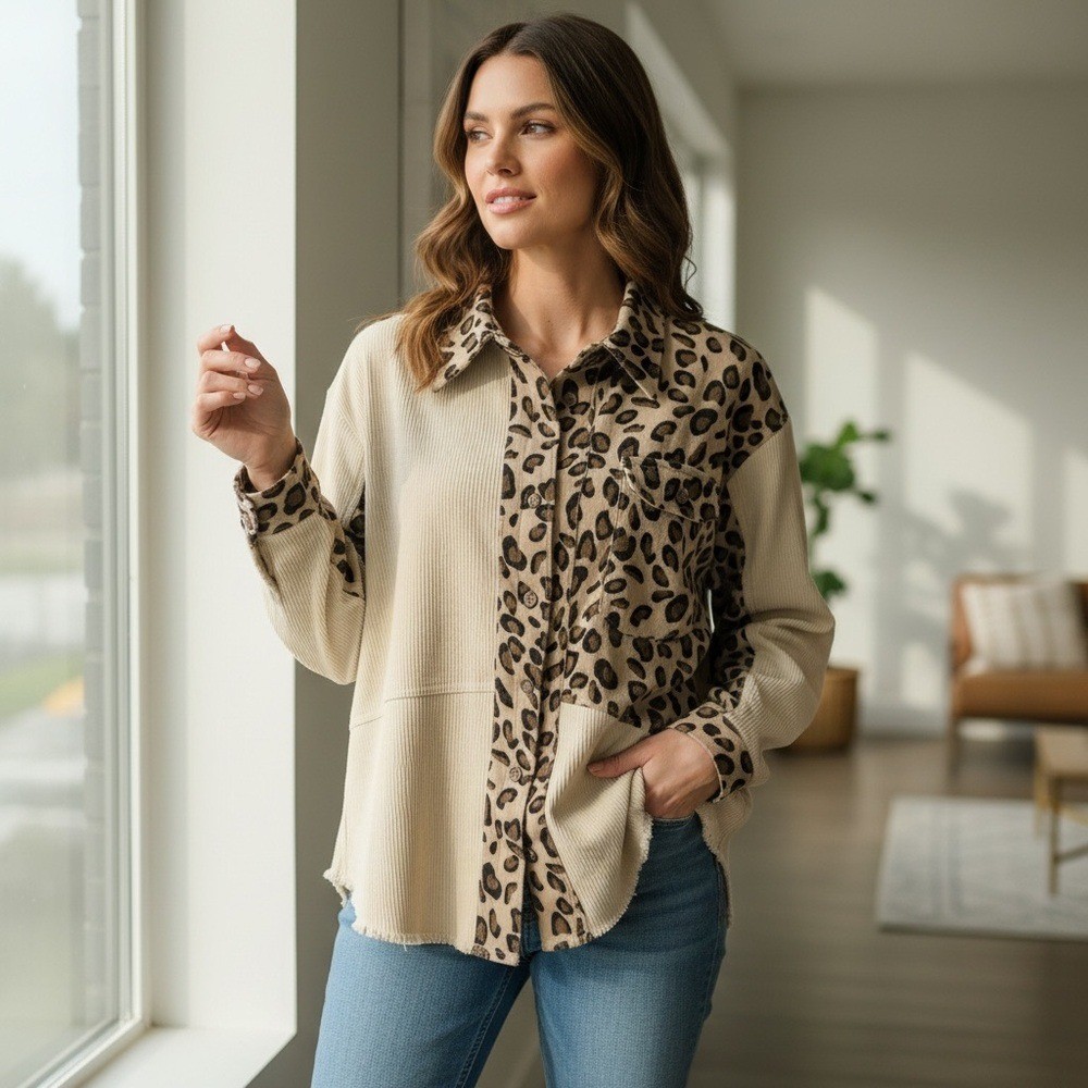 Umgee Women's Leopard Patchwork Button Down Top S… - image 1