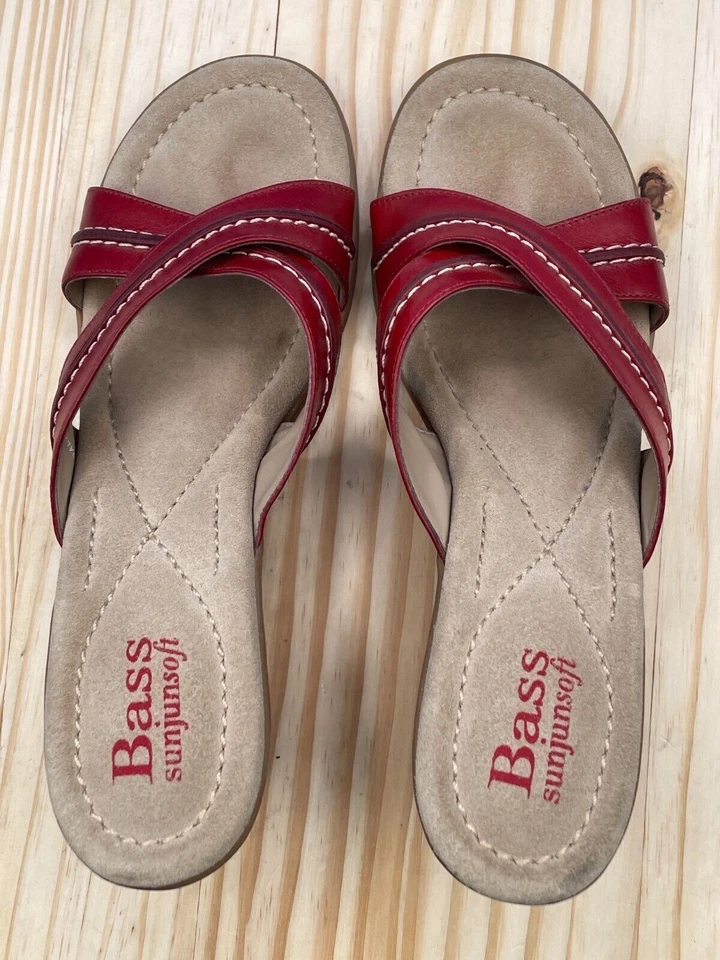 G.H. Bass Sunjun 柔软楔形凉鞋女式 8.5M 码奶油色红色肩带皮革 — 第 4/4 张图片