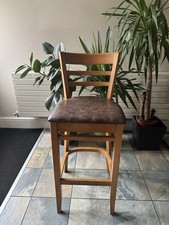 8 Quality Wooden Bar Stools with Brown Upholstered Seats