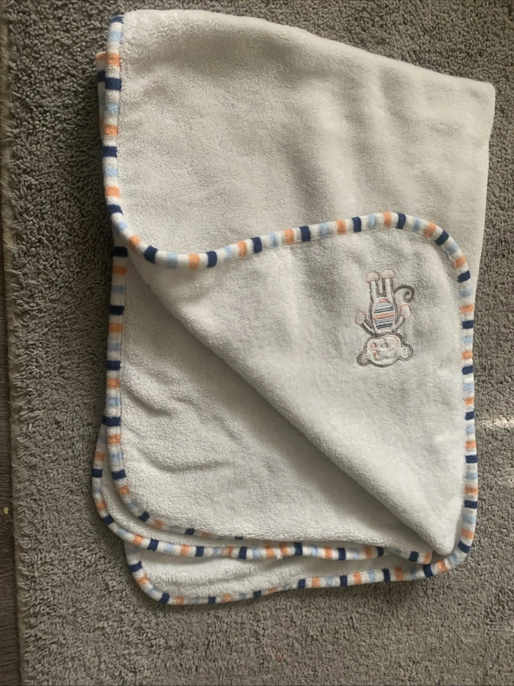 Babies R Us Crema Mono Bebé Manta Naranja Azul Rayas Borde Seguridad Lovey Foto 2 de 2