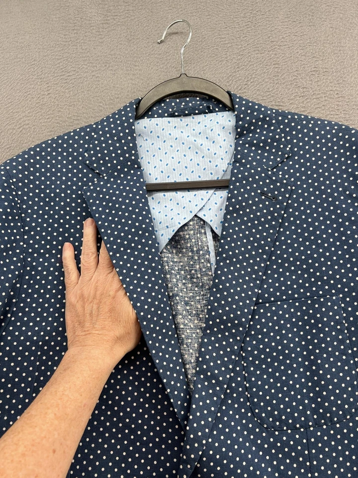 Peter Millar Blazer Mens Large Blue White Polka Dot Linen Cotton Sport Coat - Image 4 of 4