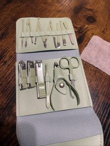 Mint Green Manicure Pedicure Set Travel Nail Kit Compact Grooming Case New