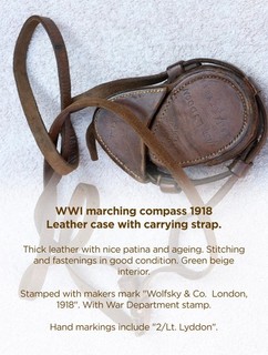 WWI marching compass leather case. 1918. Wolfsky & Co. War Dept Stamp.