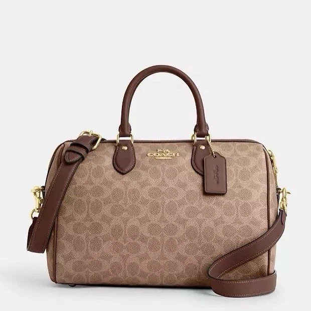 Borsa a tracolla grande Coach Rowan nuova con etichette in tela firmata CV959 oro marrone marrone chiaro