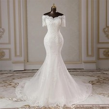Fashion Mermaid Wedding Dresses Short Sleeve Lace Applique BridalGown CustomSize