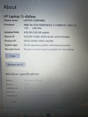 HP 15-db0011dx 15.6'' Laptop AMD A6-9225 R4 / 4GB RAM / 930GB HDD / Win 8 HOME