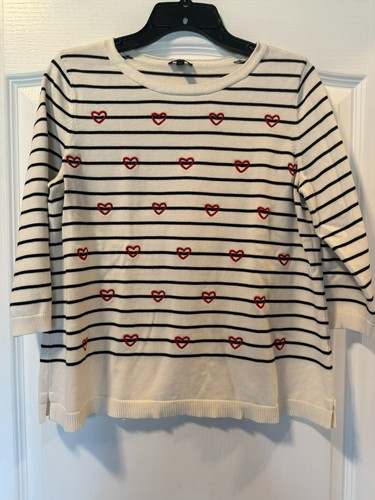 Talbots Large Petites elfenbein schwarz Streifen Herz bestickt Pullover Valentinstag