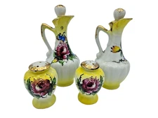 Vintage Hand-Painted Flower Design Cruet set Yellow +Gold Salt & Pepper Shakers