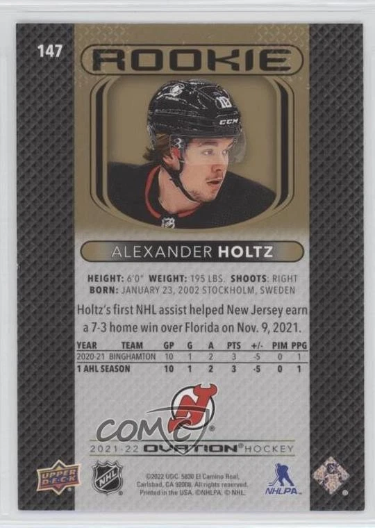 2021-22 Upper Deck Ovation Rookies Gold Foil Alexander Holtz #147 Rookie RC - Image 2 of 2