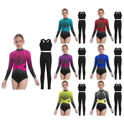 DE Mädchen Gymnastikanzug Turnanzug Langarm Trikot Body mit Leggings Lange Hosen
