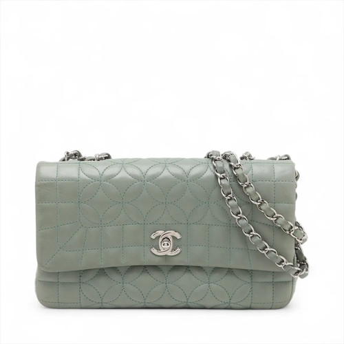 Chanel Coco Mark Lambskin Single Flap Double Chain Bag Flower Stitch Green Silve