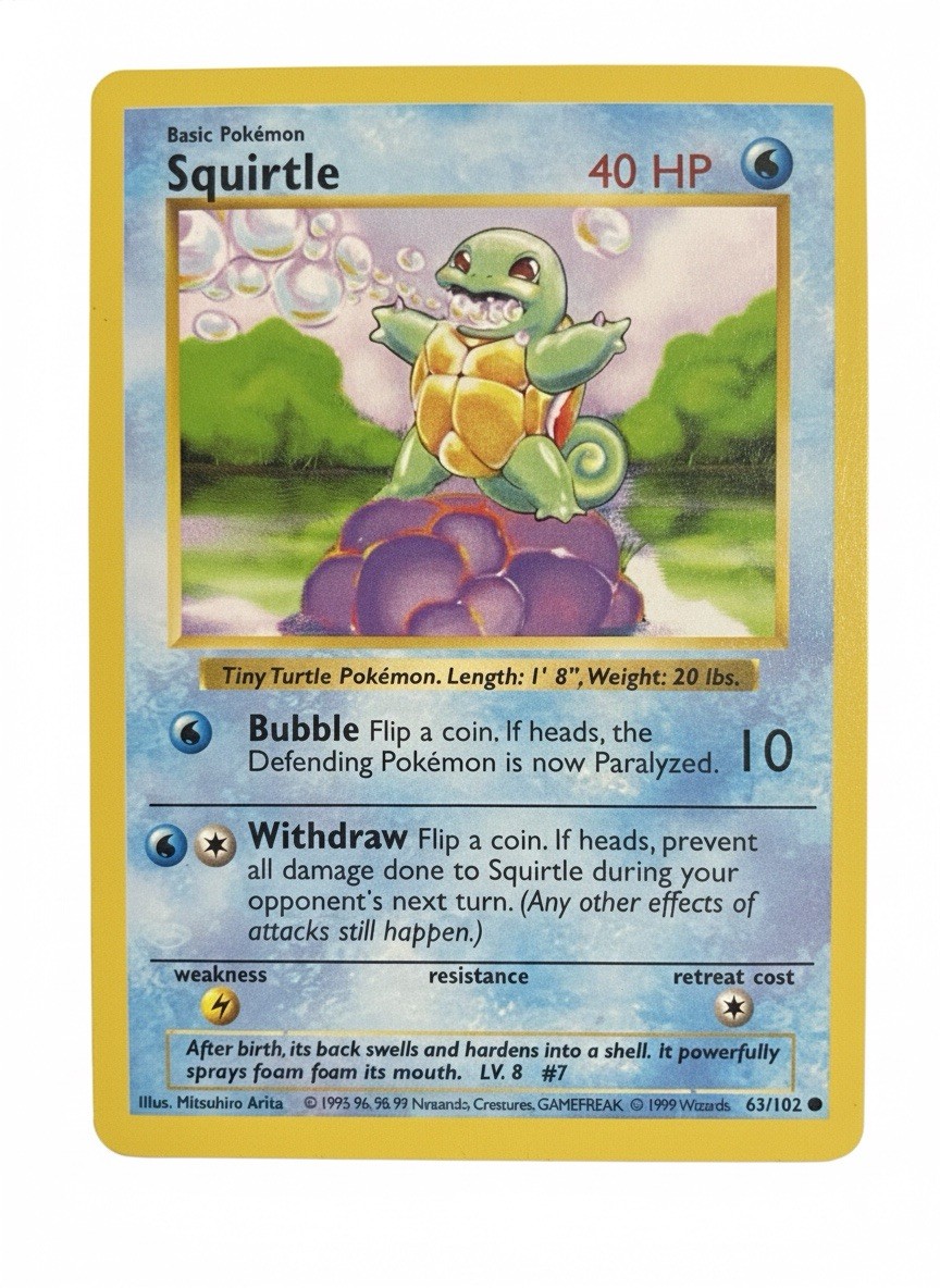 1999 Pokémon TCG Squirtle Base Set #63/102 Shadowless 1st Edition LP