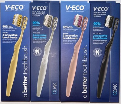 V-ECO Replaceable Brush Head Toothbrush Lot of 4, Assorted Colors With Refills