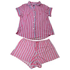 Polo Ralph Lauren Women's Pajama Set Hot Pink Blue Stripes 1X Cotton Sleepwear