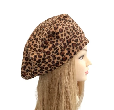 HANDMADE Brown Leopard Print Winter Beret Hat 1930s Vintage Hat Retro Fashion Fleece Hat