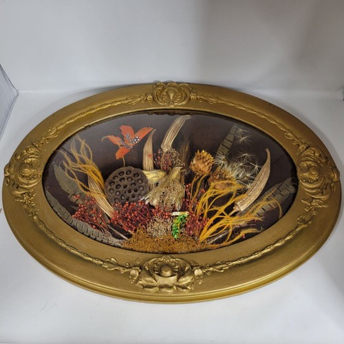 Vintage Oval Framed Bubble Glass Dried Flower Arrangement Wall Art Decor 25"x19"