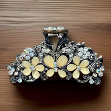 VTG Silver Metal Butterfly Mother Of Pearl Rhinestones Crystal Hair Claw Clip