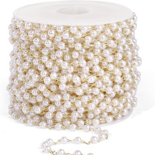 33 Feet Gold Pearl Beads Chains Roll, 3mm Faux Pearls Beaded Gold Plated Brass C