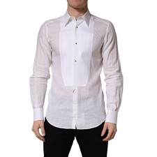 DOLCE & GABBANA Shirt White Flax Long Sleeves Dress Formal 39/US15.5/S 1050usd