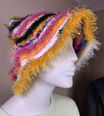 019 Urban Outfitters Fluffy Mixed Print Bucket Hat NWOT Urban Outfitters Mixed Fluffy Eyelash Yarn Bucket Hat Bright  main image 2