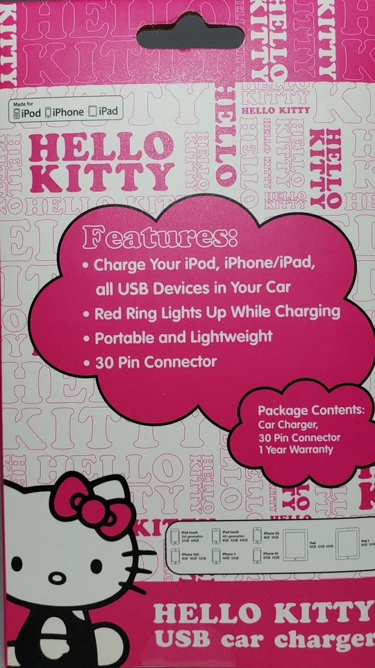 Cargador de coche USB Hello Kitty iPhone iPod iPad Sakar Apple 30 pines portátil - Nuevo Foto 3 de 4