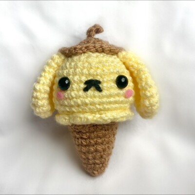 Sanrio Pompompurin Eis gehäkelt Puppe weich Plüschtier Handarbeit Schlüsselanhänger