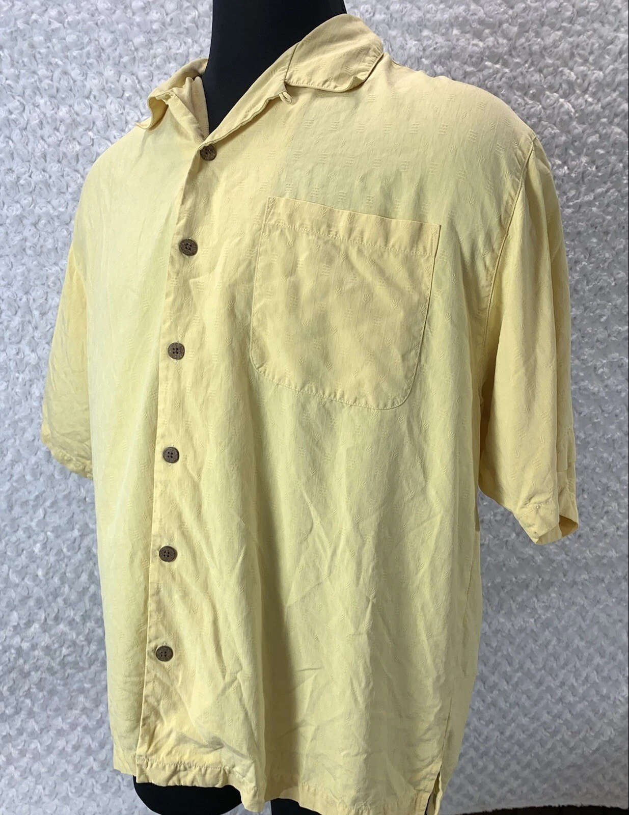 Tommy Bahama Mens Yellow Button Up Hawiian Silk Shirt Sz XL Jacquard Aloha