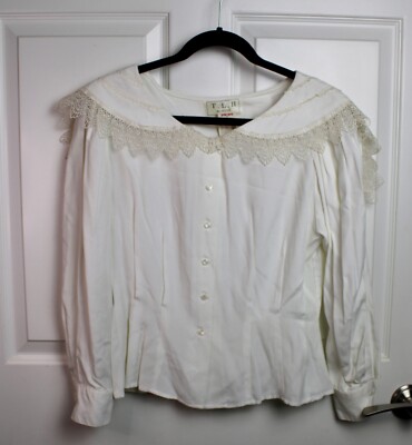 NWT VTG 70s-80s TLH By Hype Crocheted Yoke Overlay Button Up Blouse Ivory Size 4