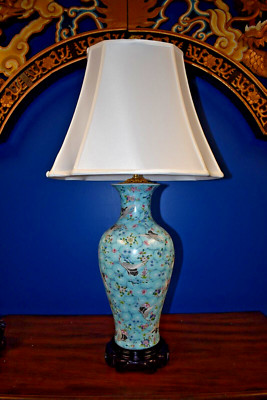 36'' CHINESE PORCELAIN LUMINOUS SKY BLUE W/ WHITE CRANES VASE TABLE LAMP